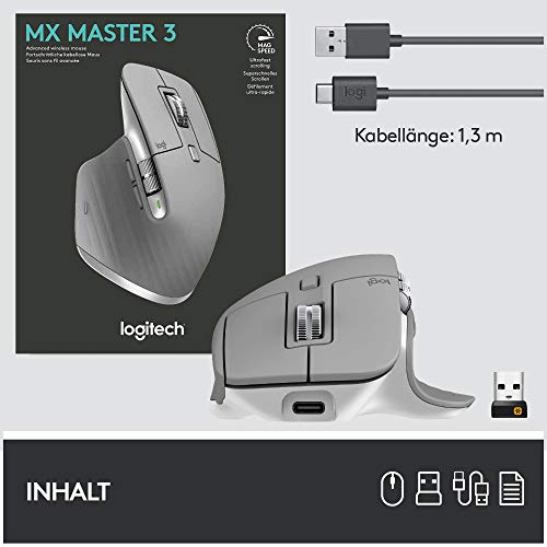 Logitech MX Master 3 Kabellose Maus, Bluetooth und 2.4 GHz Verbindung via USB-Empfänger, 4000 DPI Sensor, Ultra-schnelles Scrollen, Für alle Oberflächen, 7 Tasten, PC/Mac/iPadOS - Hellgrau - EDV-Guru (Guru e.U.)