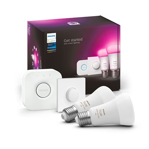 Philips Hue White & Col. Amb. E27 LED Lampe 2-er Starter Set inkl. Smart Button, 16 Mio. Farben, dimmbar steuerbar via App, kompatibel mit Amazon Alexa (Echo, Echo Dot) - EDV-Guru (Guru e.U.)