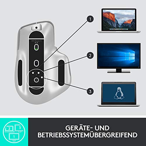 Logitech MX Master 3 Kabellose Maus, Bluetooth und 2.4 GHz Verbindung via USB-Empfänger, 4000 DPI Sensor, Ultra-schnelles Scrollen, Für alle Oberflächen, 7 Tasten, PC/Mac/iPadOS - Hellgrau - EDV-Guru (Guru e.U.)